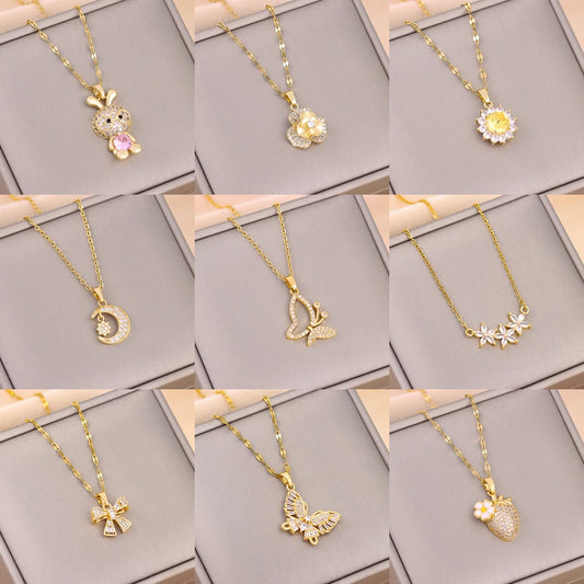 Trendy 18K Gold Plated Zircon Crystal Pendant Stainless Steel Necklace For Women Female Clavicle Chain Jewelry Lady Accessories