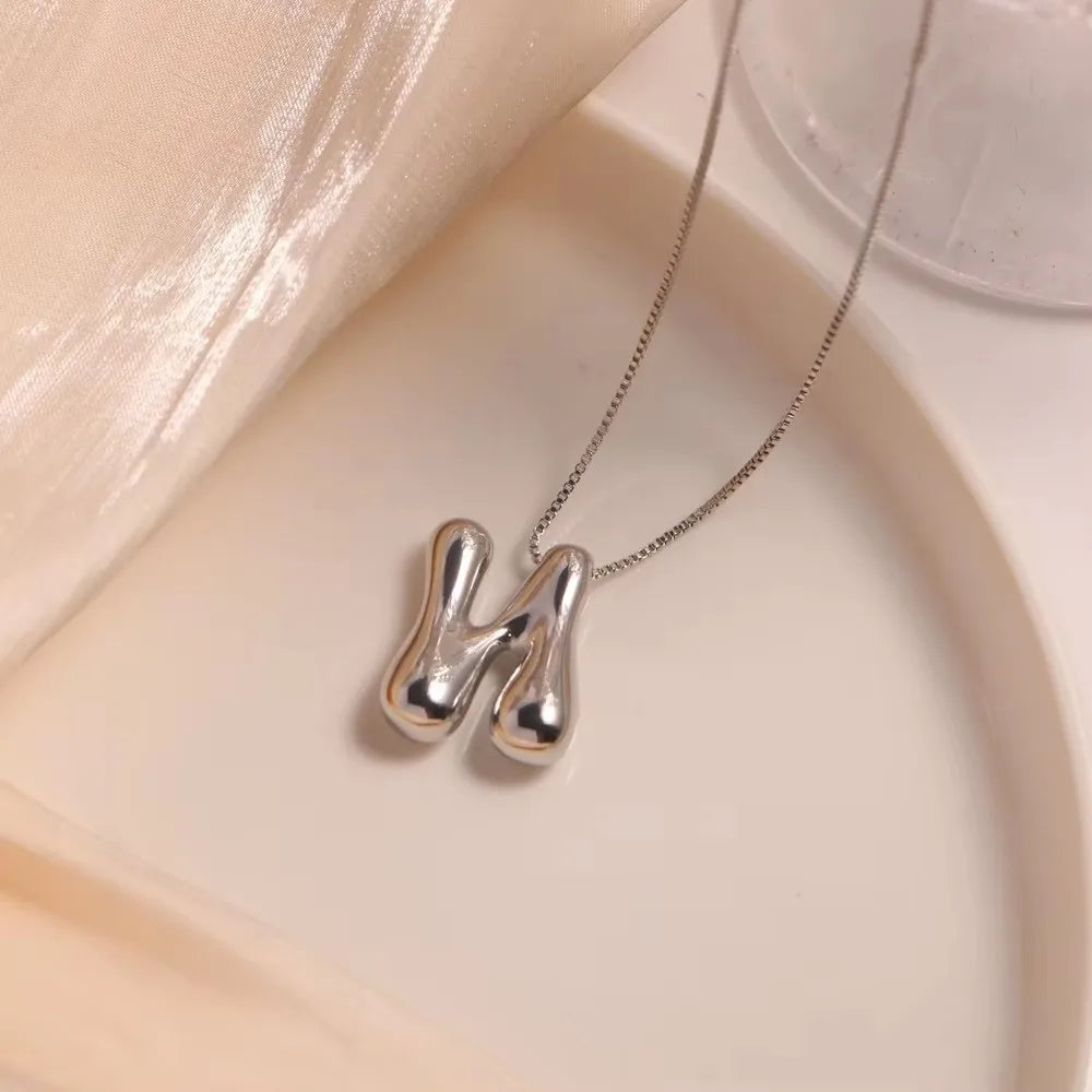 Delicate Chunky Balloon 26 Letter Necklace Bubble Initial Alphabet Pendant Box Chain Choker Stainless Steel Gold Plated Jewelry