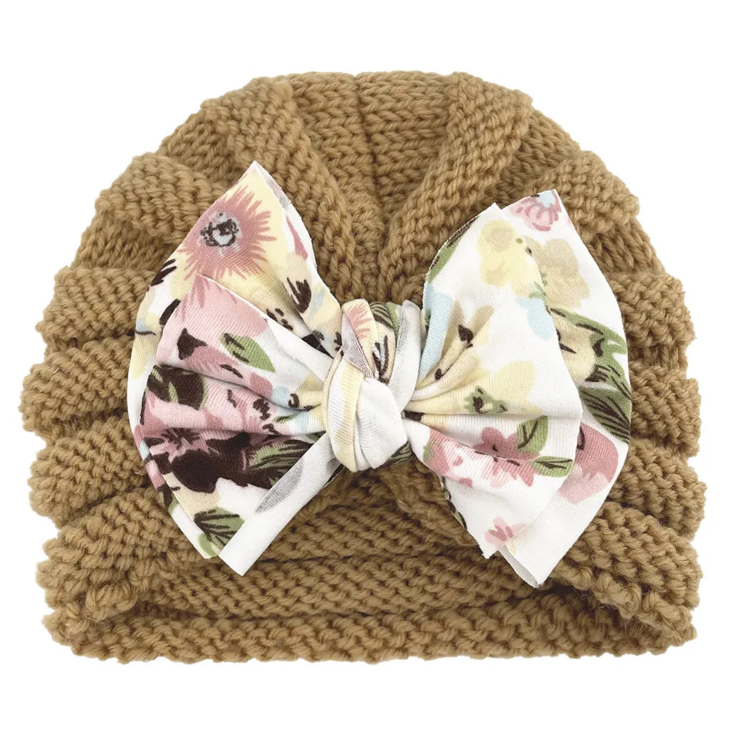 Autumn Winter Knitted Turban Cap For Baby Bow Indian Hat Solid Color Elastic Bandana Headband 0-6Month Newborn Beanie Headscarf