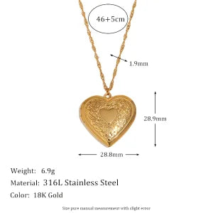 E.B.belle Flower Pattern Hollow Heart Photo Box Pendant Necklace For Women Stainless Steel Jewelry 18K Gold Plated Souvenir Gift