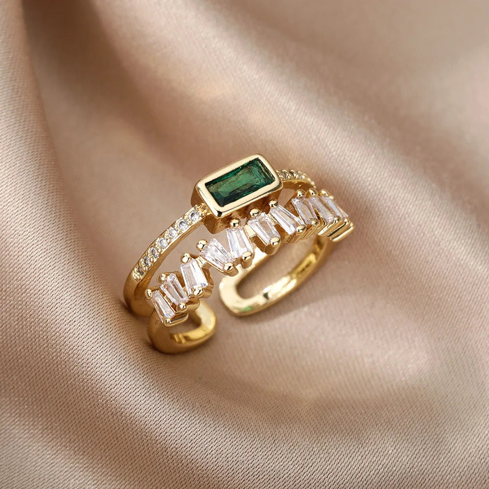 Classic Green Irregular Double Layer Zircon Rings For Women Stainless Steel Gold Plated Wedding Open Finger Ring Free Shipping
