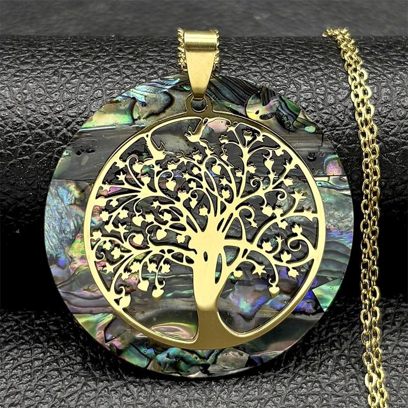 Tree of Life Stainless Steel Abalone Shell Natural Necklace Chain Gold Color Necklaces Mother Pearl Shell Boho Jewelry collar NX