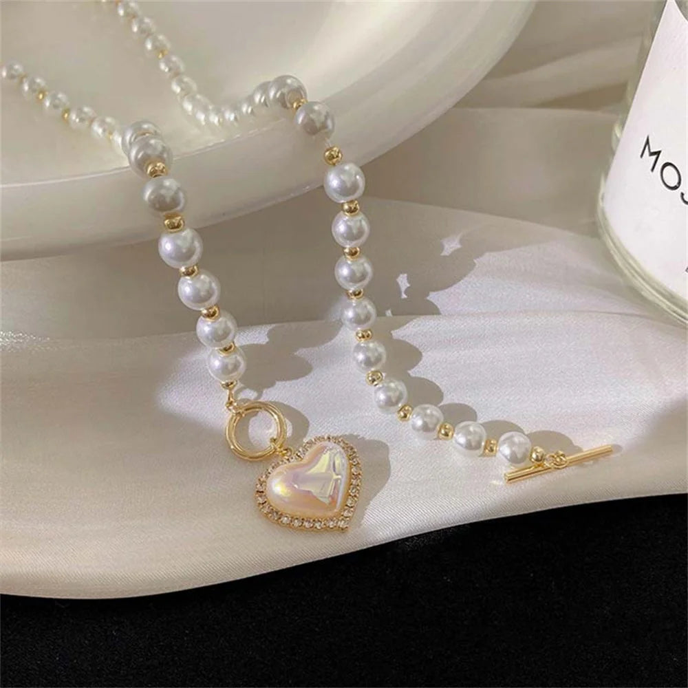 Elegant Pearl Necklace For Women Heart Pendant Necklaces Luxury Imitation Pearls Chain Necklaces Korean Jewelry Girls Gifts