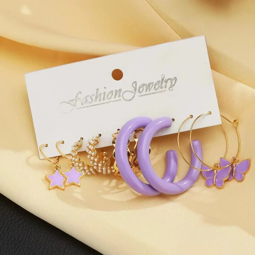 A set of 5 purple butterfly earrings, a retro earring set, and an exquisite and fashionable earring set