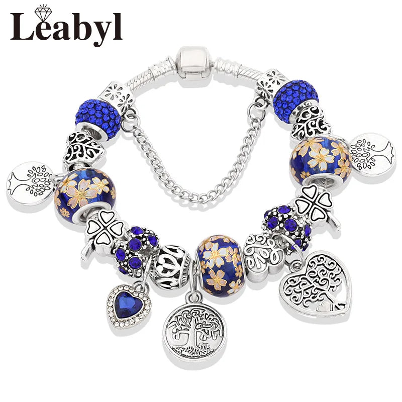 Antique Tibetan Silver Tree of Life Charm Bracelets Green Crystal Flower Bead Bracelet with Heart Diy Jewelry Pulsera Mujer