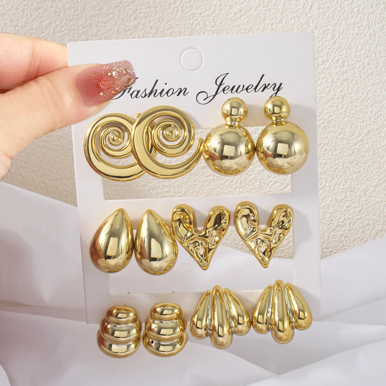 6 Pairs Punk Geometry CCB Stud Earrings Creative Water Drop Heart Earrings for Women Charm Daily Versatile Party Jewelry