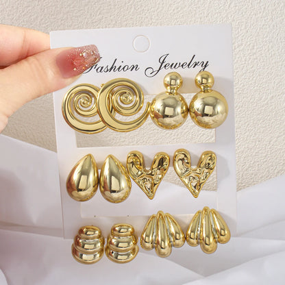 6 Pairs Punk Geometry CCB Stud Earrings Creative Water Drop Heart Earrings for Women Charm Daily Versatile Party Jewelry