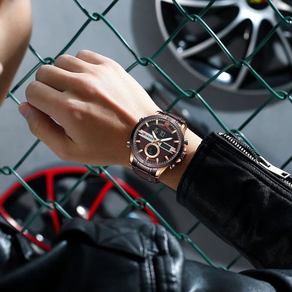 Curren 8384 Men's Multifunctional Watch, Dual-display Movement Luminous Calendar & Week Steel-strap Wristwatch