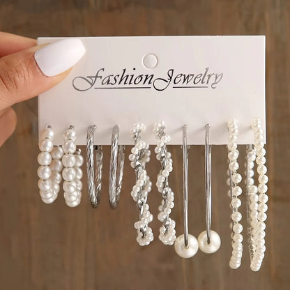 5 Pairs Elegant Wrapped Imitation Pearl Round Hoop Earrings Exaggerated Geometry Big Round Earrings Women's Party Set Jewelry