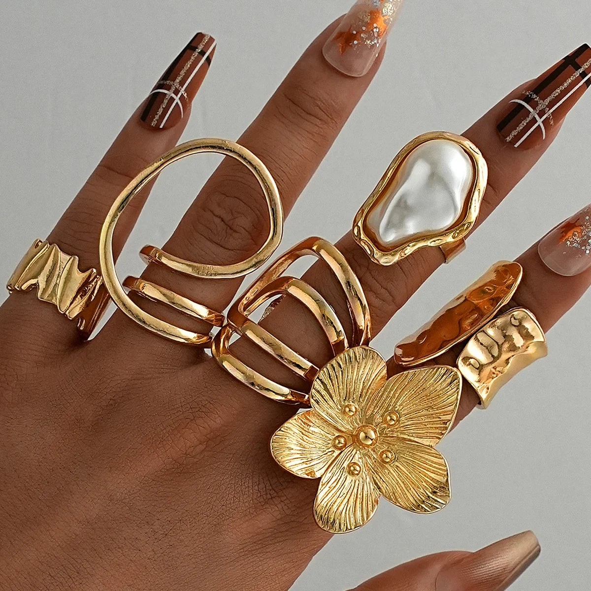 Vintage Smooth Flower Shell Design Ring Set Fashion Elegant Bohemian Starfish Personalized Ring Party Holiday Daily Wear Jewelry