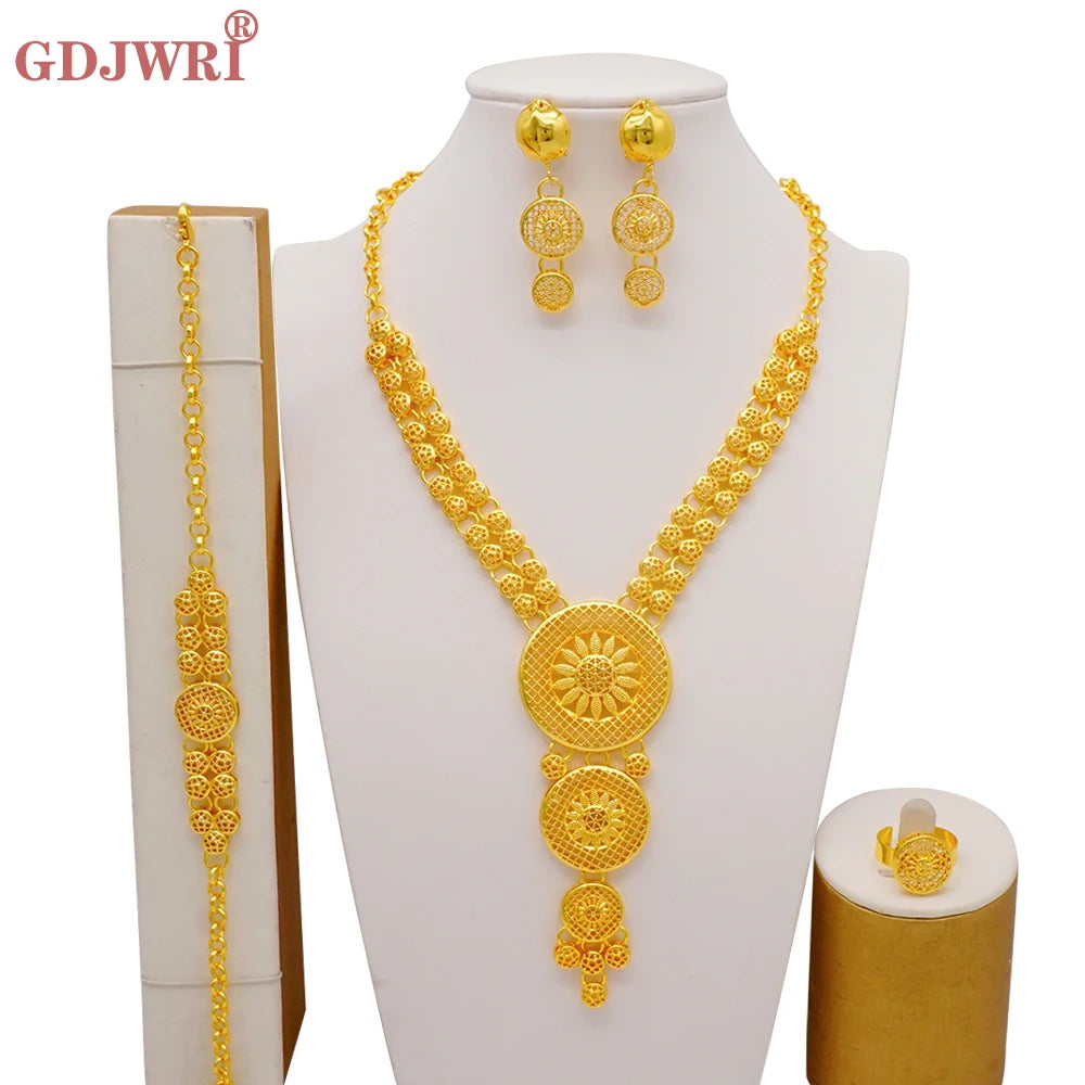 Dubai Gold Color Jewelry Set For Woman Bridal Nigerian African Long Chain Necklace Earrings Bracelet Ring Jewellery Set