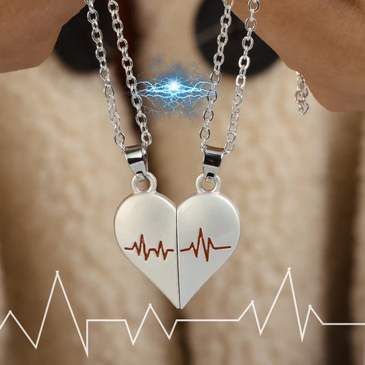 2Pcs Electrocardiogram Couple Necklaces for Lovers Boys Girls Stainless Steel Magnetic Heart Pendant Jewelry Valentines Day Gift