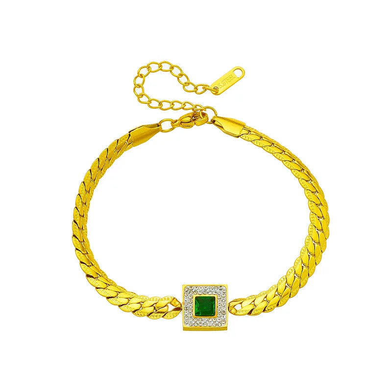 Stainless Steel New Fashion Fine Jewelry Embed Zircon Square Green Crystal Charm Thick Chain Imprint Bracelets For Women