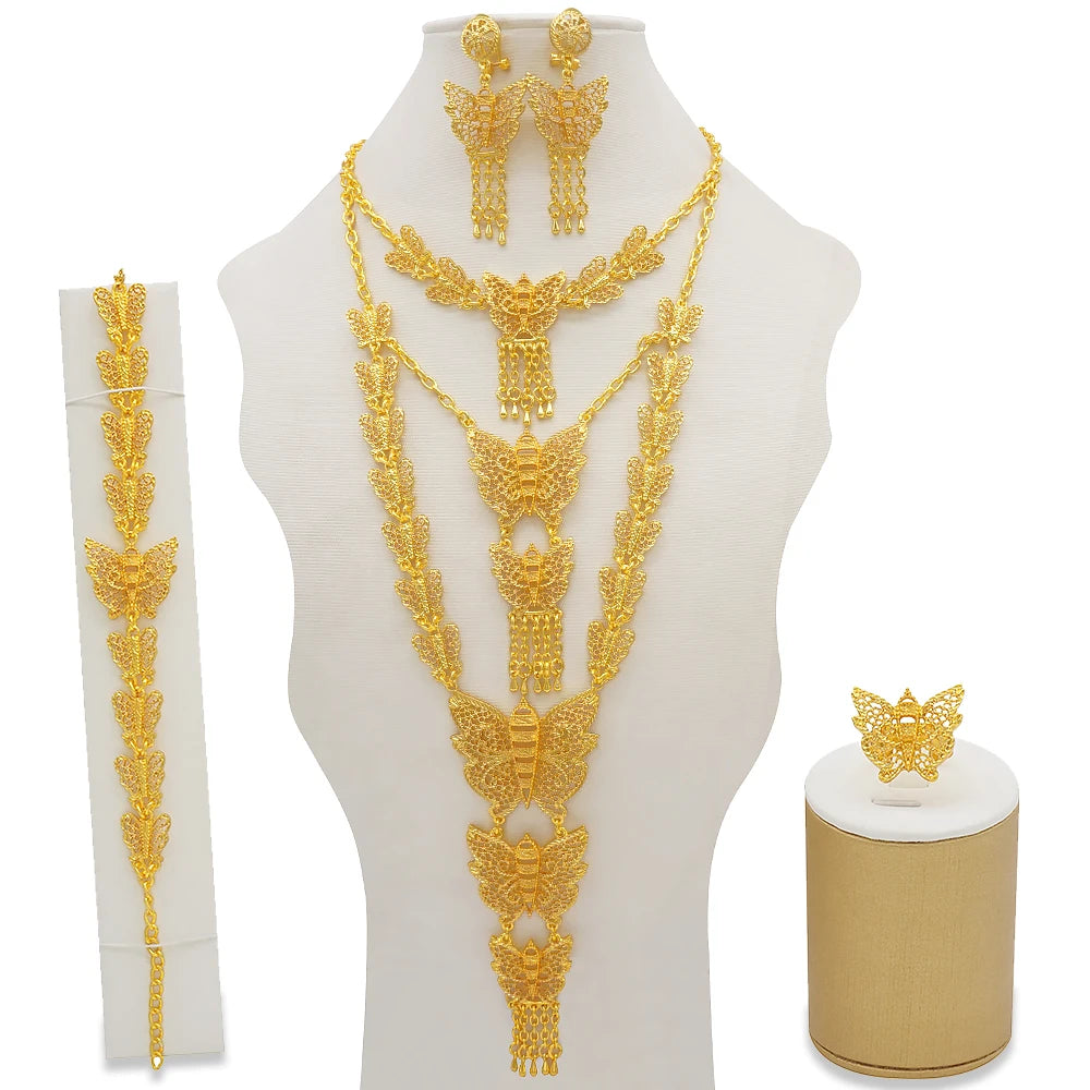 Dubai Gold Color Jewelry Set For Woman Bridal Nigerian African Long Chain Necklace Earrings Bracelet Ring Jewellery Set