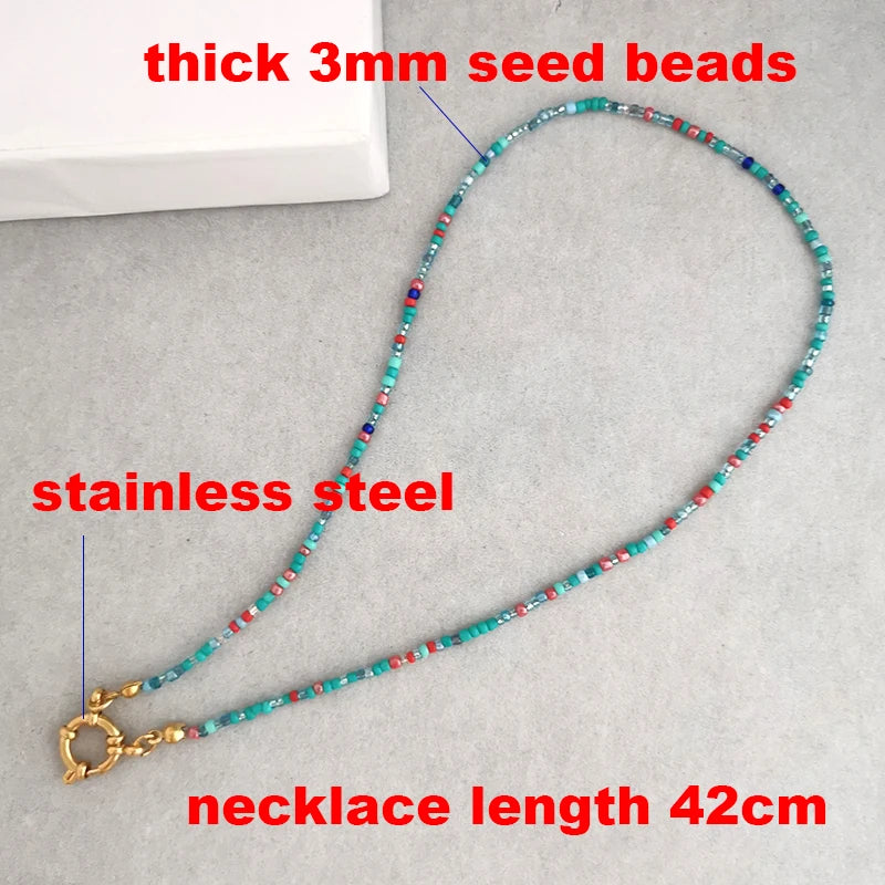 QMHJE Imitation Pearl Necklace Women Choker Seed Beads Rainbow Stainless Steel Clasp Sailor Buckle Base Chain Gold Color Boho