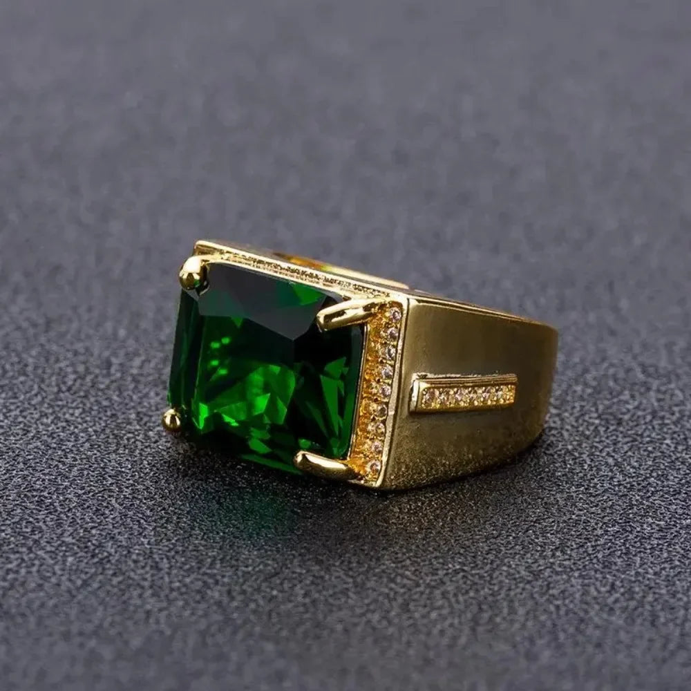 Popular Emerald Rings Men's Jewelry Retro Style Square Ethnic Rings 14k Gold Color Open Green Diamond Ring for Gift Box