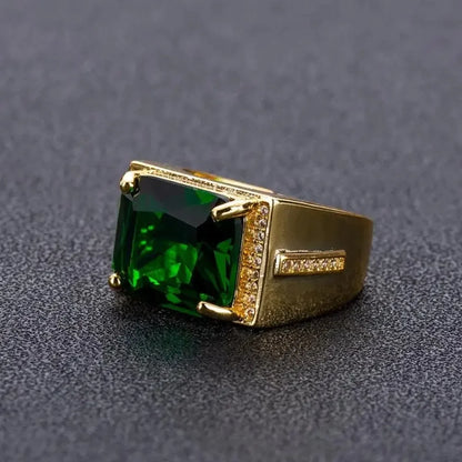 Popular Emerald Rings Men's Jewelry Retro Style Square Ethnic Rings 14k Gold Color Open Green Diamond Ring for Gift Box
