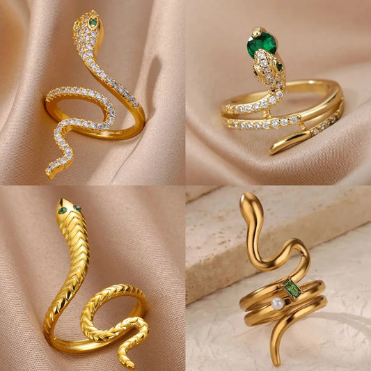 Gold Plated Stainless Steel Green Zircon Snake Rings For Women Men Open Adjustable Finger Ring Vintage Gothic Aesthetic Jewelry