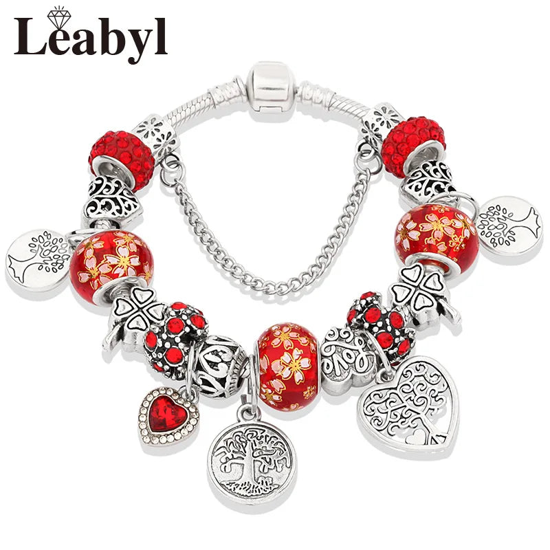 Antique Tibetan Silver Tree of Life Charm Bracelets Green Crystal Flower Bead Bracelet with Heart Diy Jewelry Pulsera Mujer