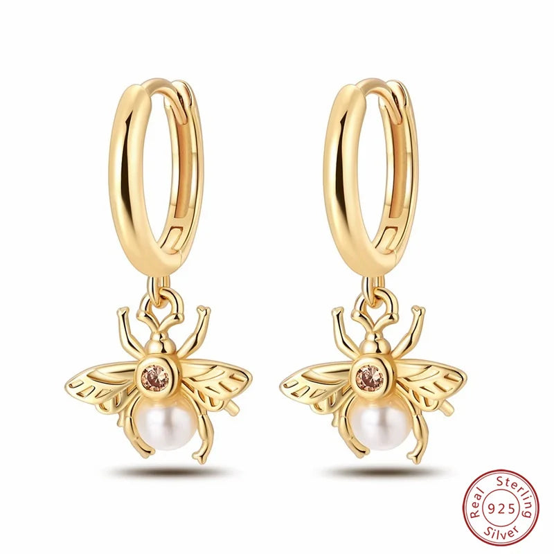 New in 925 Silver Color Gold Pearl Bee Irregularity Star Moon Earrings For Women 2025 Trending Fashion Jewelry Birthday Gifts