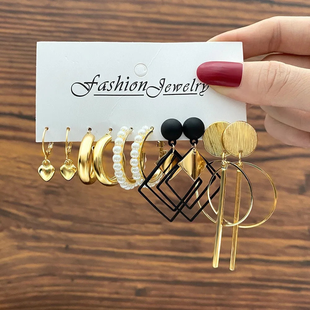 High-end new niche fashion earring sets, creative retro diamond-shaped alloy geometric earring sets