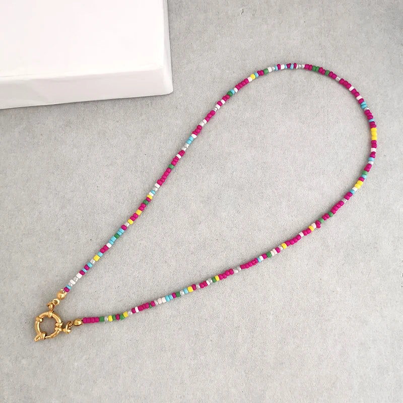 QMHJE Imitation Pearl Necklace Women Choker Seed Beads Rainbow Stainless Steel Clasp Sailor Buckle Base Chain Gold Color Boho