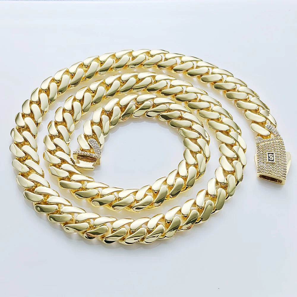HHIOK Hot Sale Monaco 14k Gold Plated Mans Chain Iced Out Clasp Necklace Miami 12/15/20mm Brass Cuban Link Chain for Men