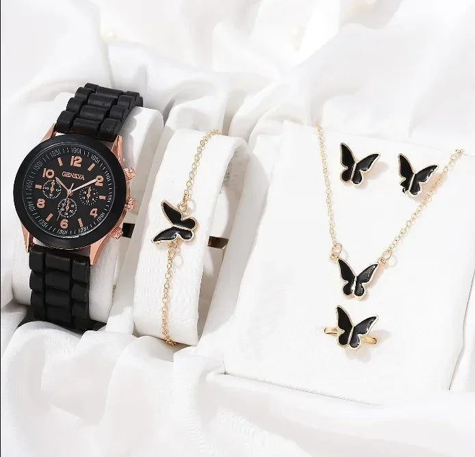 5PCS Set Luxury Watch Women Ring Necklace Earrings Pearl Rhinestone Wristwatch Female Casual Ladies Watches Bracelet (No Box)