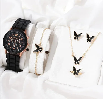 5PCS Set Luxury Watch Women Ring Necklace Earrings Pearl Rhinestone Wristwatch Female Casual Ladies Watches Bracelet (No Box)