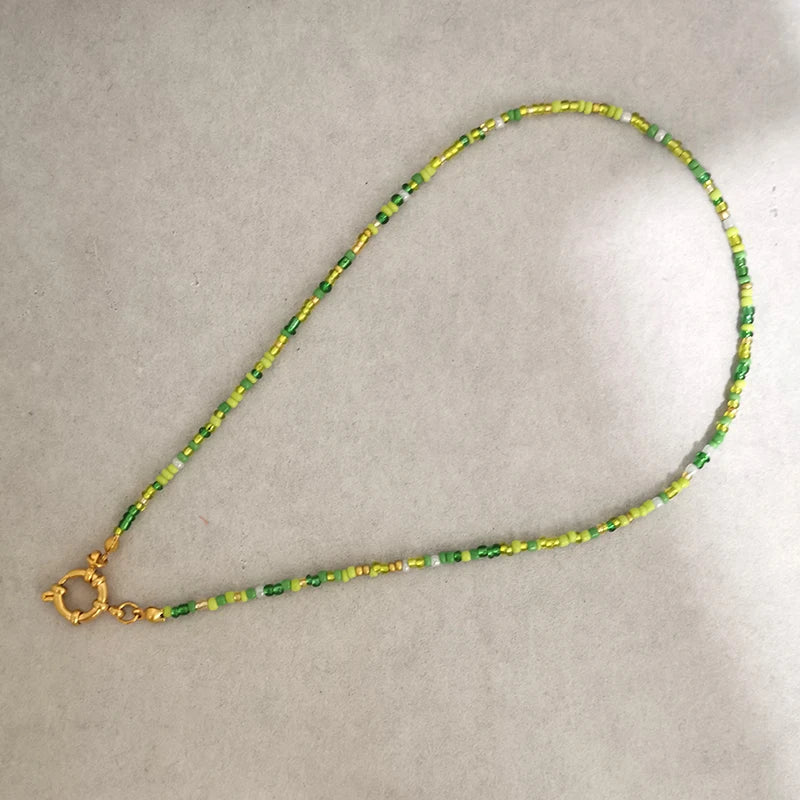 QMHJE Imitation Pearl Necklace Women Choker Seed Beads Rainbow Stainless Steel Clasp Sailor Buckle Base Chain Gold Color Boho