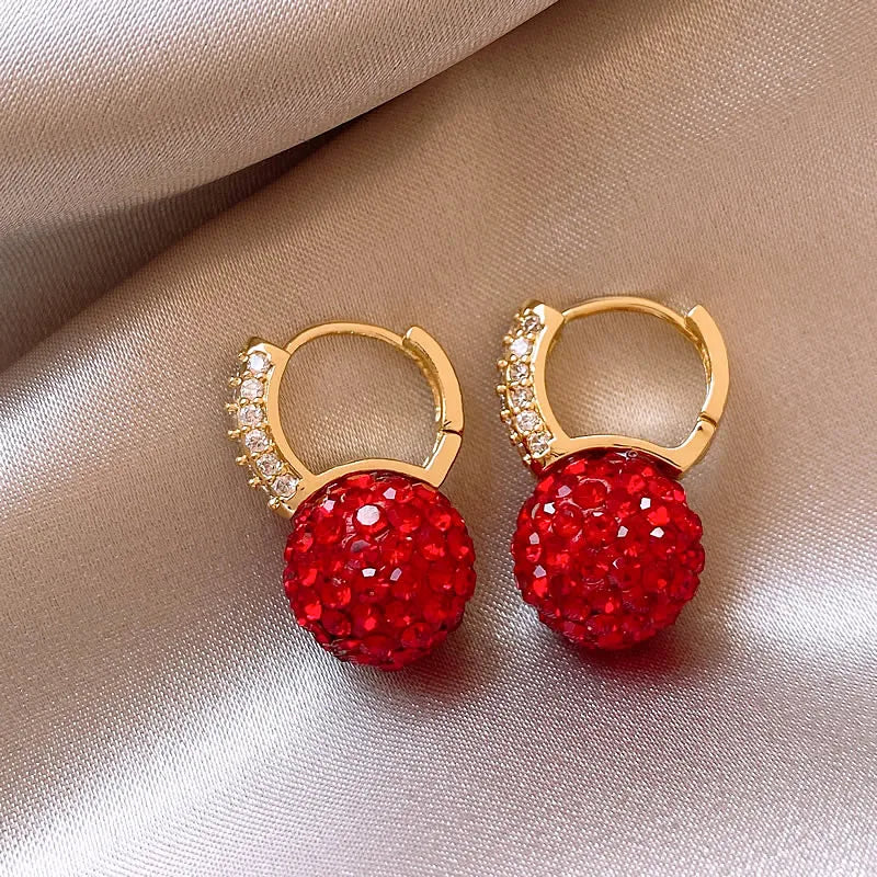 Shining Red Color Crystal Ball Pendant Earrings 2025 Micro Set Zircon Metal Ear Buckle for Women's Fashion Jewelry Accessories