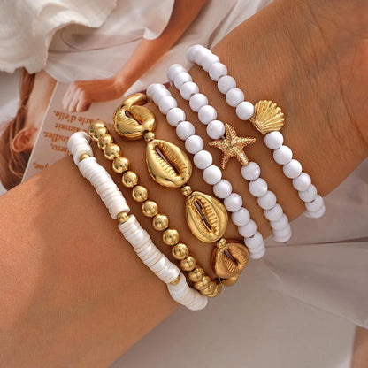 Bohemian Shell Starfish Bead Bracelet Set for Women Fashion Summer Beach Multilayer Stacked Pearl Bracelets Party Jewelry Gifts