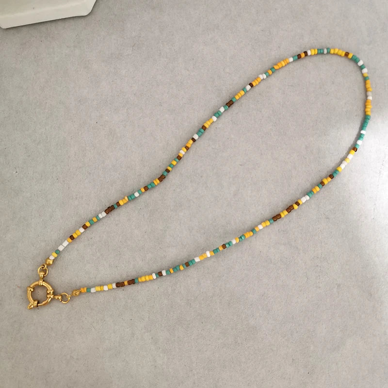 QMHJE Imitation Pearl Necklace Women Choker Seed Beads Rainbow Stainless Steel Clasp Sailor Buckle Base Chain Gold Color Boho