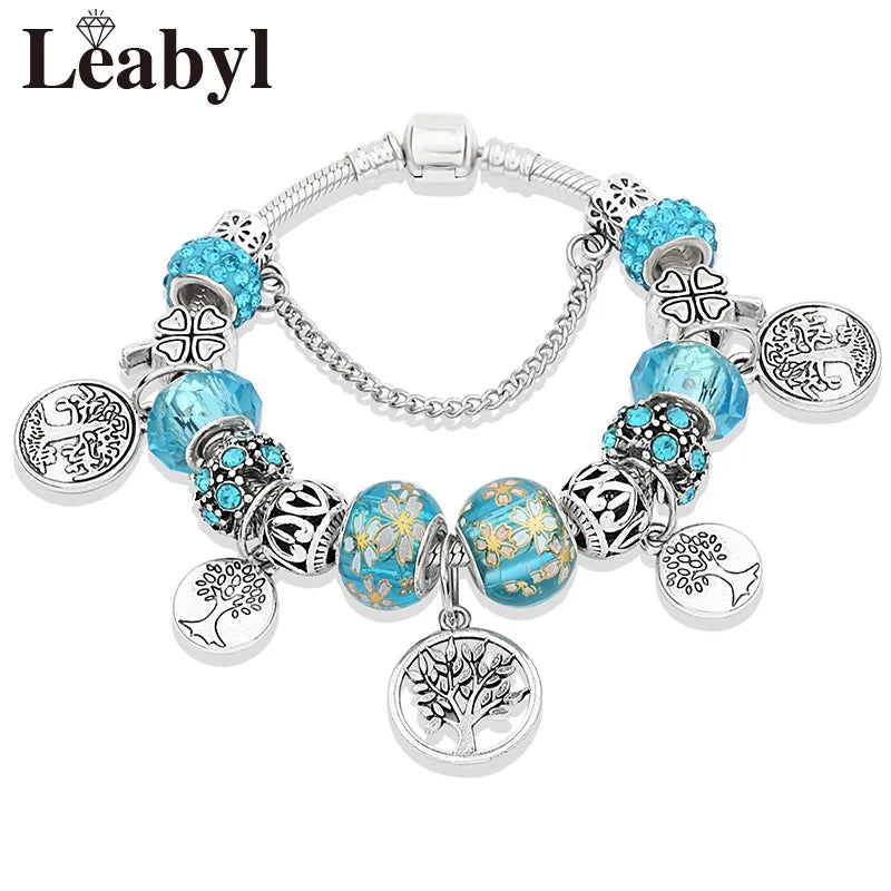 Antique Tibetan Silver Tree of Life Charm Bracelets Green Crystal Flower Bead Bracelet with Heart Diy Jewelry Pulsera Mujer