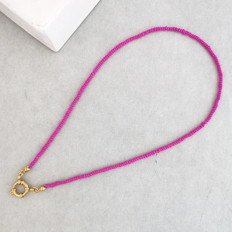 QMHJE Imitation Pearl Necklace Women Choker Seed Beads Rainbow Stainless Steel Clasp Sailor Buckle Base Chain Gold Color Boho