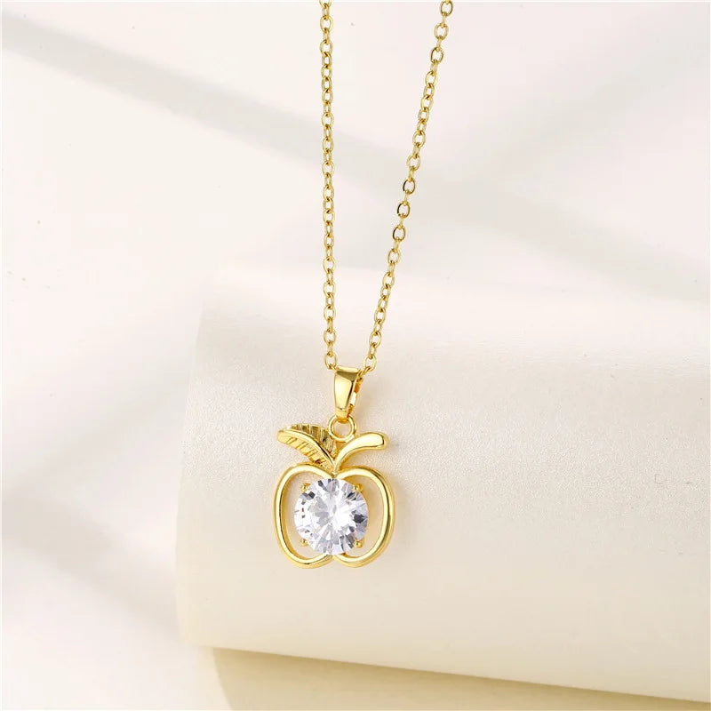 Trendy 18K Gold Plated Zircon Crystal Pendant Stainless Steel Necklace For Women Female Clavicle Chain Jewelry Lady Accessories