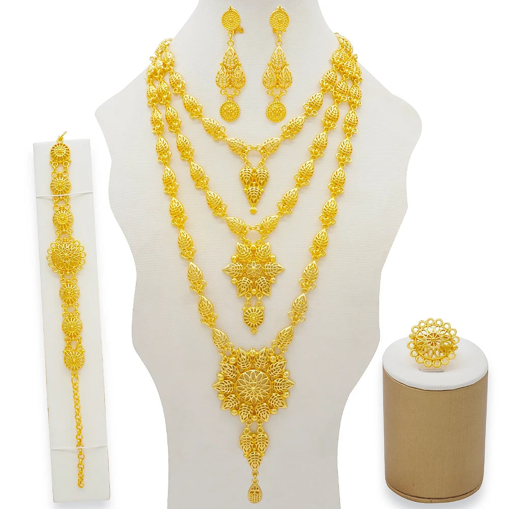 Dubai Gold Color Jewelry Set For Woman Bridal Nigerian African Long Chain Necklace Earrings Bracelet Ring Jewellery Set