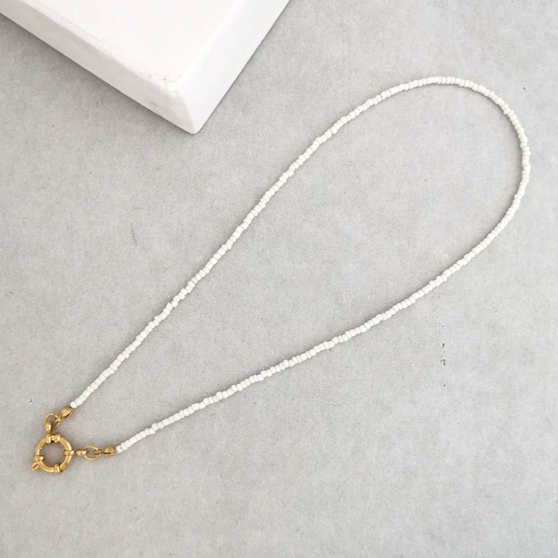 QMHJE Imitation Pearl Necklace Women Choker Seed Beads Rainbow Stainless Steel Clasp Sailor Buckle Base Chain Gold Color Boho