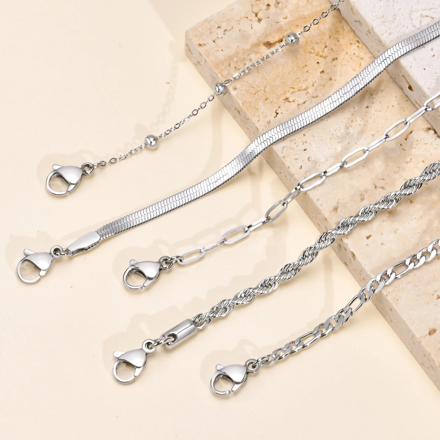 5PCS/Set Women Gold/Silver Color Bracelets,Stainless Steel Lady Geometric Fashion Charm Chain,Multi Layers Dainty Girl Jewelry