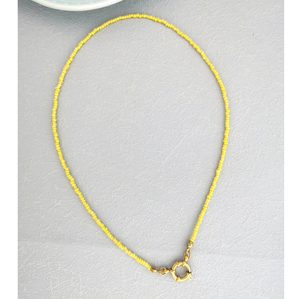 QMHJE Imitation Pearl Necklace Women Choker Seed Beads Rainbow Stainless Steel Clasp Sailor Buckle Base Chain Gold Color Boho