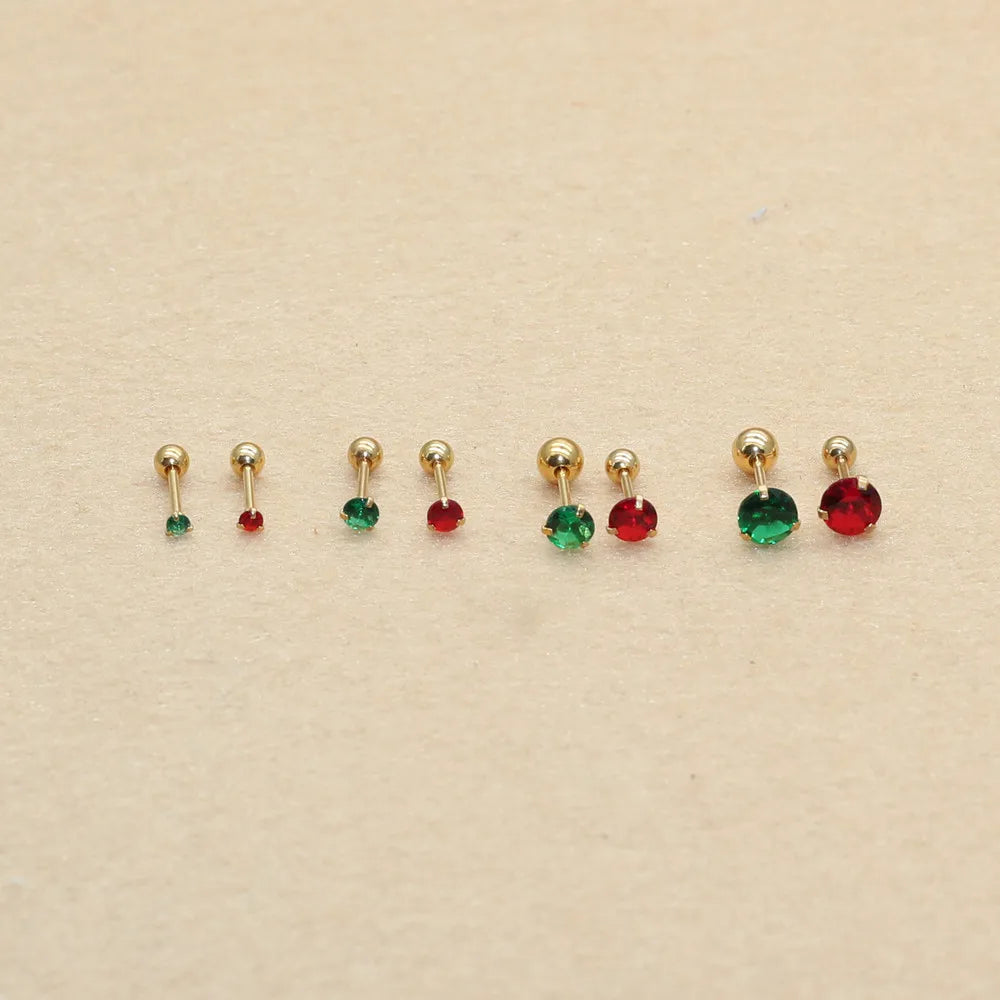 Size From 2mm to 5mm Stainless Steel Green Red Color Round Stond Screw-Back Stud Earrings  No Fade Allergy Free Brief Jewelry