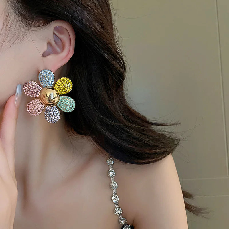 FYUAN Colorful Flower Crystal Stud Earrings for Women Earrings Fashion Jewelry