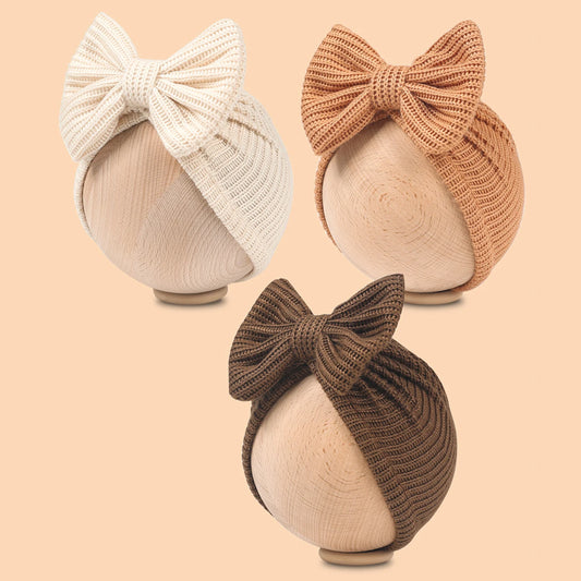 Autumn Winter Knitted Turban Cap For Baby Bow Indian Hat Solid Color Elastic Bandana Headband 0-6Month Newborn Beanie Headscarf