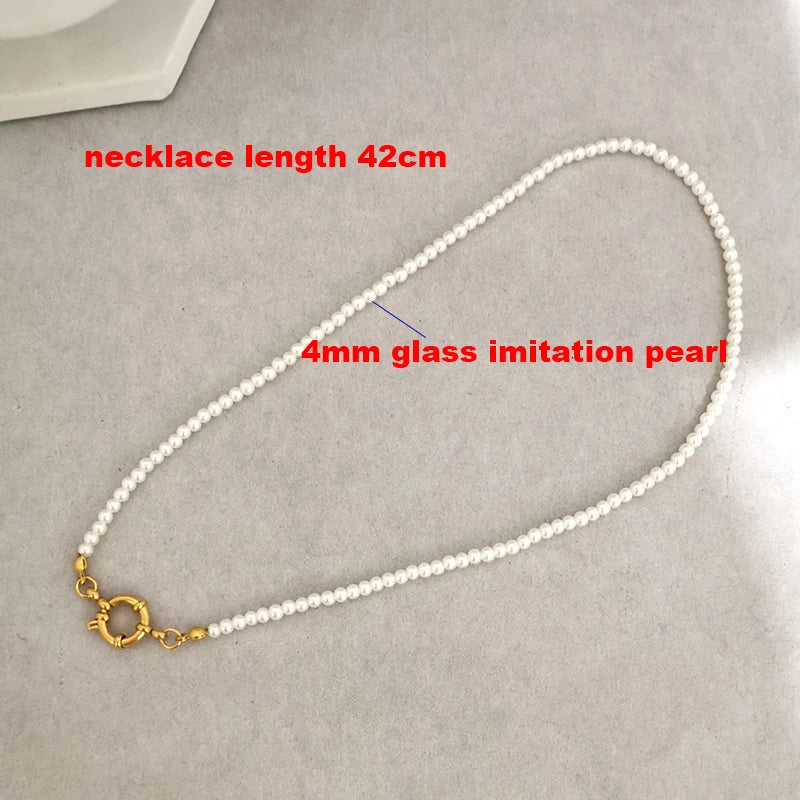 QMHJE Imitation Pearl Necklace Women Choker Seed Beads Rainbow Stainless Steel Clasp Sailor Buckle Base Chain Gold Color Boho