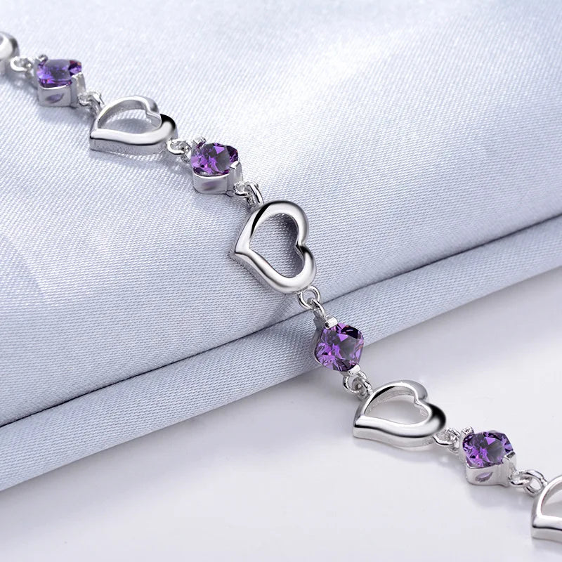 Sterling Silver Heart Shaped Bracelet for Women Vintage Purple Amethyst Bracelets Jewelry Set Party Jewelry Bangles for Women