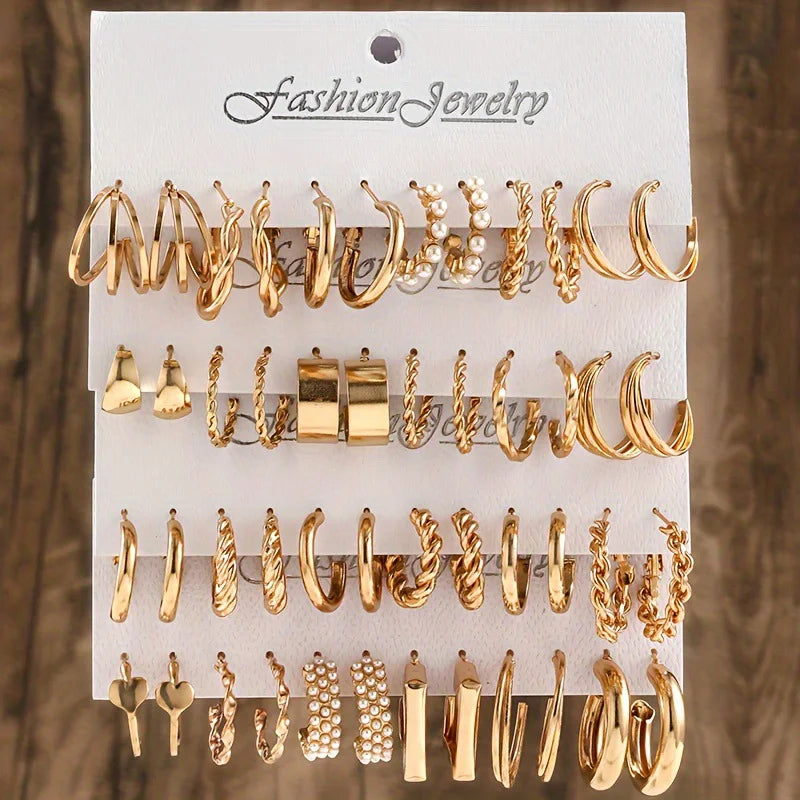 24 Pcs Fashion Vintage Hoop Earrings Set for Women Boho Metal Circle Geometric Twist Pearl Studs Earrings Trendy Jewelry Gifts