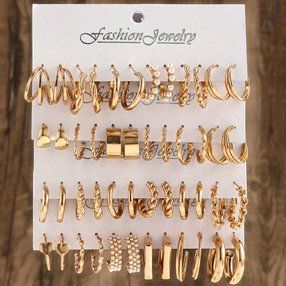 24 Pcs Fashion Vintage Hoop Earrings Set for Women Boho Metal Circle Geometric Twist Pearl Studs Earrings Trendy Jewelry Gifts