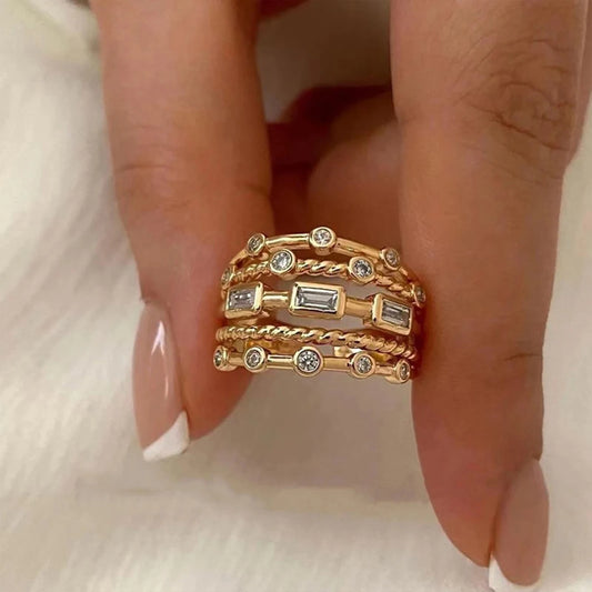 Nwe 18 K Gold Plated Sun Rings for Women Natural Stone Inlaid in Hollow Metal Texture Ring Trendy Jewelry