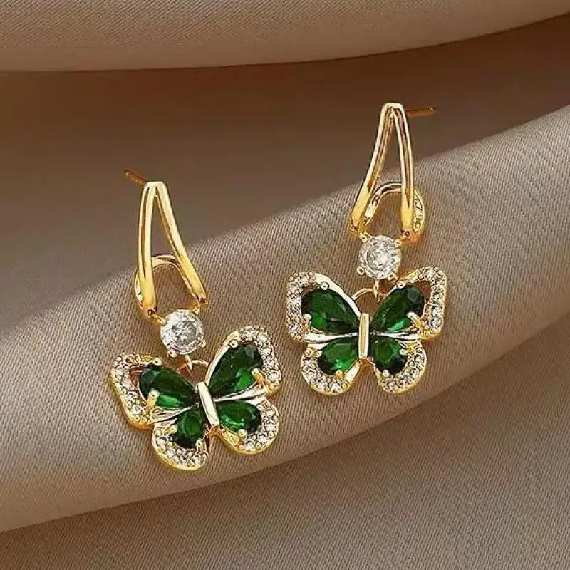 925 Silver Needle Vintage Green Crystal Butterfly Drop Earrings for Women Jewelry New Trending Luxury Zircon Women's Earrings