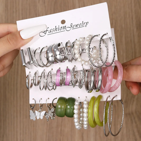 18 Pcs New Fashion Colorful Earrings Set For Women Boho Butterfly Gold Silver Color Pearl Circle Dangle Earrings Jewelry Gifts